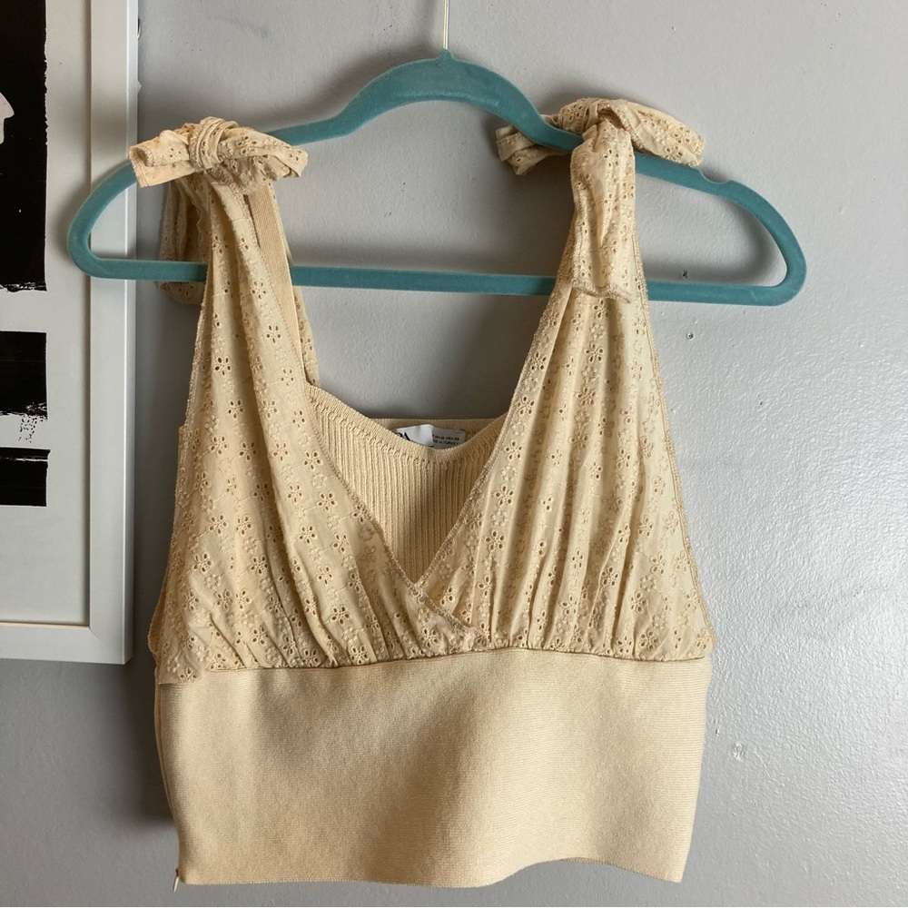 Zara Rustic Embroidery Cream Ditsy Floral Overlay Knit Tank Top M